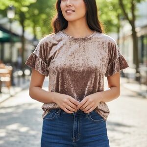 Altar'd State Velvet Ruffle Sleeve Tee - Brown